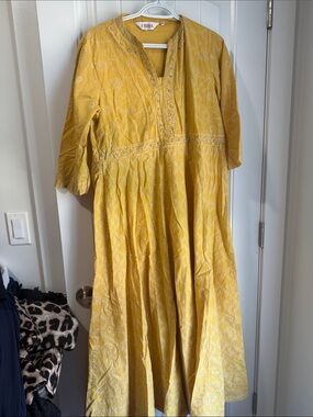 Biba Mustard Yellow Embroidered Cotton Maxi Dress